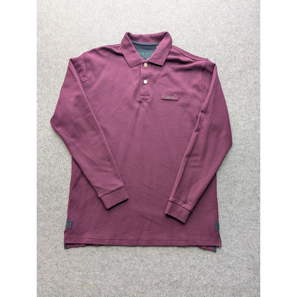 Orvis Polo Shirt Mens Medium Maroon Long Sleeve 100% Cotton Pique 3CS8 Burgundy
